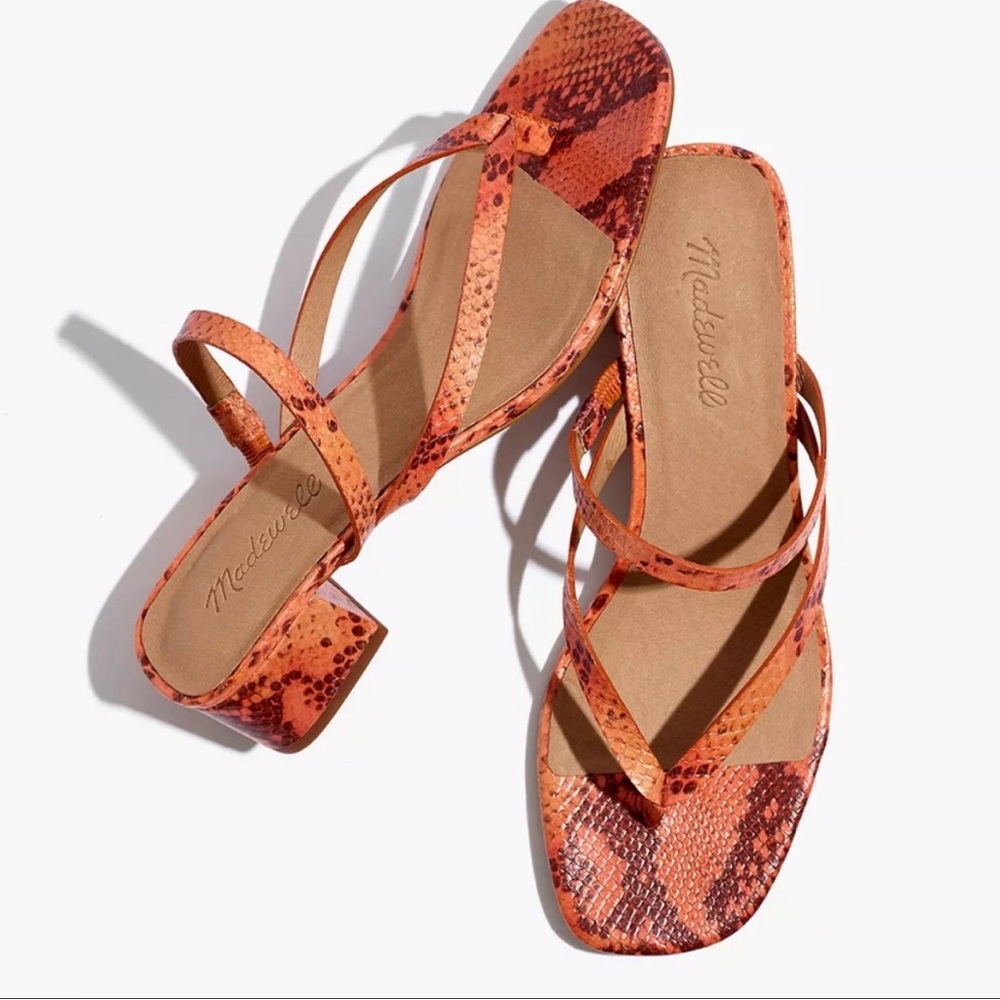 Madewell Orange Snake-Print Strappy Block-Heel Sandals